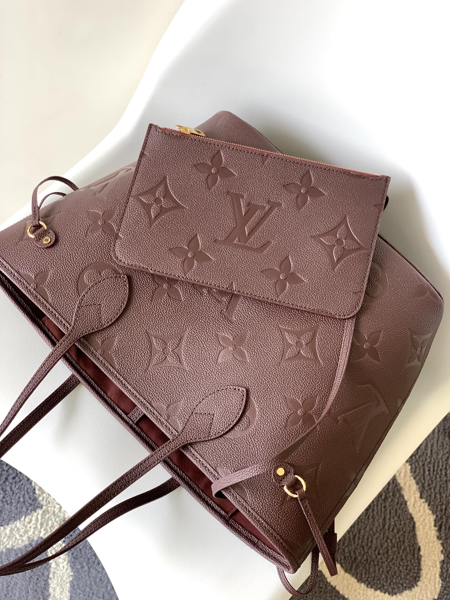 Louis Vuitton Neverfull MM Monogram Empreinte Leather Tote Bag - Burgundy