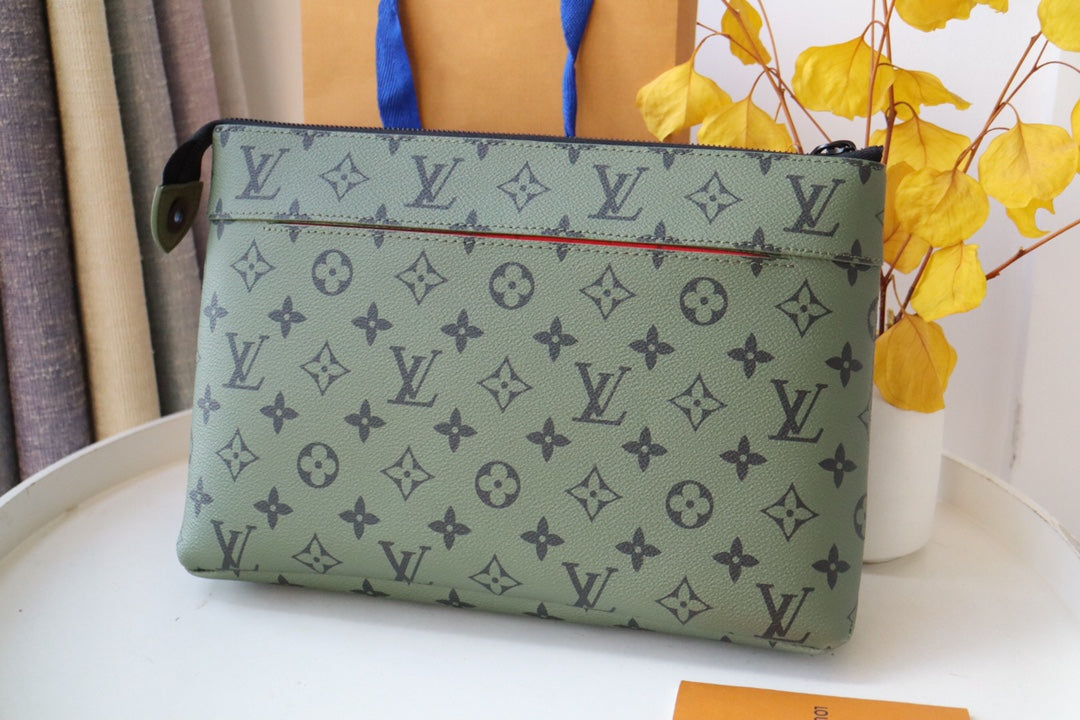 Louis Vuitton Pochette Voyage MM Monogram Canvas Khaki Green Clutch