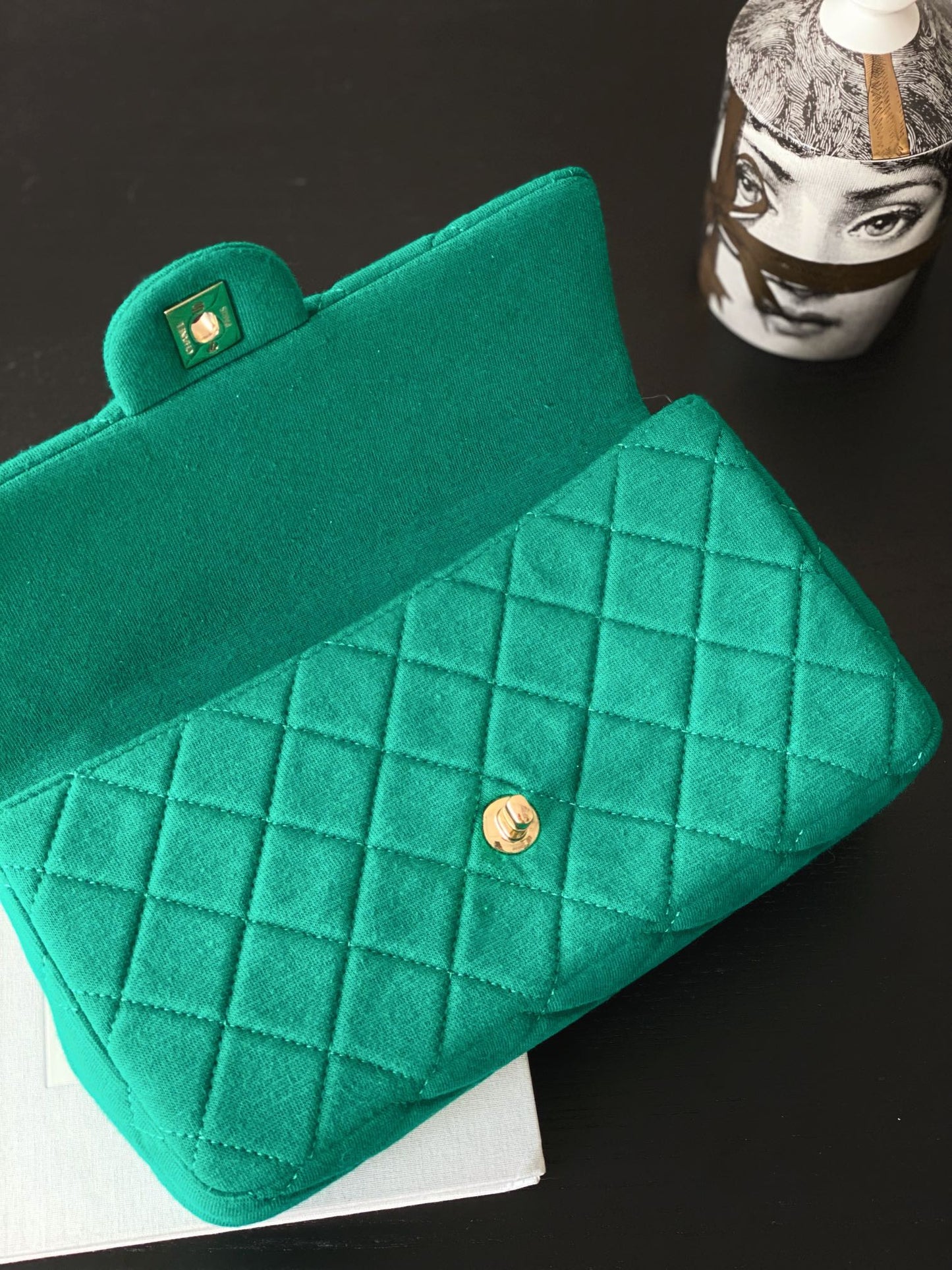 Chanel Green Quilted Fabric Classic Flap Bag with Gold Hardware