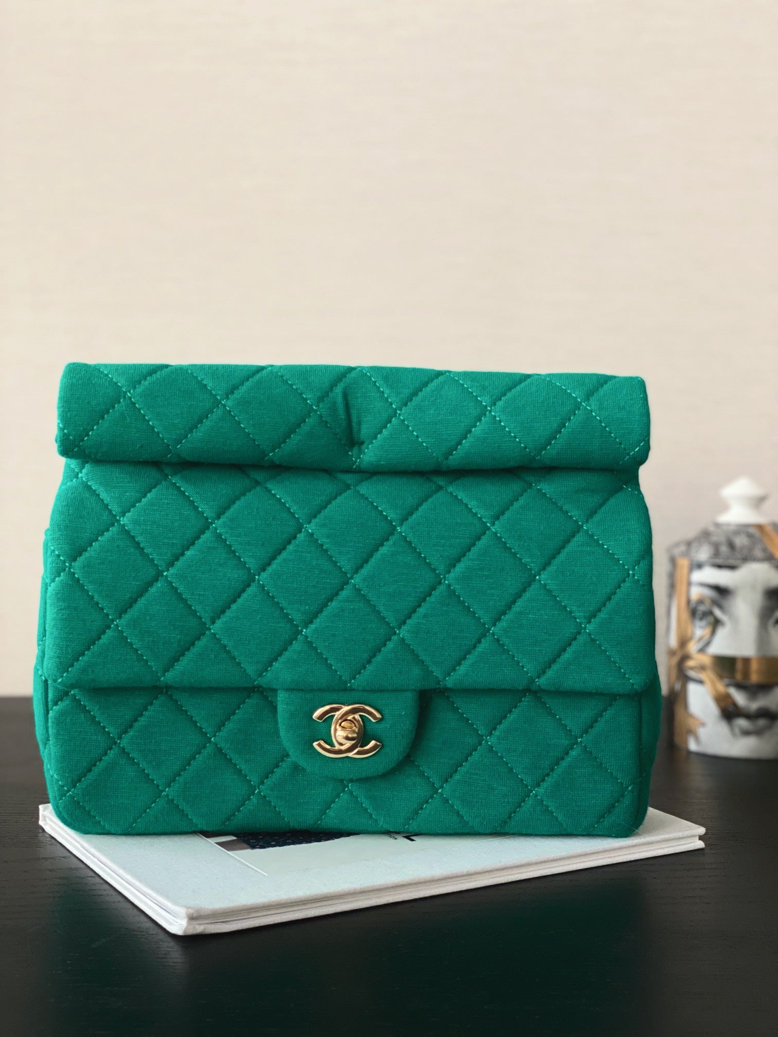 Chanel Green Quilted Fabric Classic Flap Bag with Gold Hardware