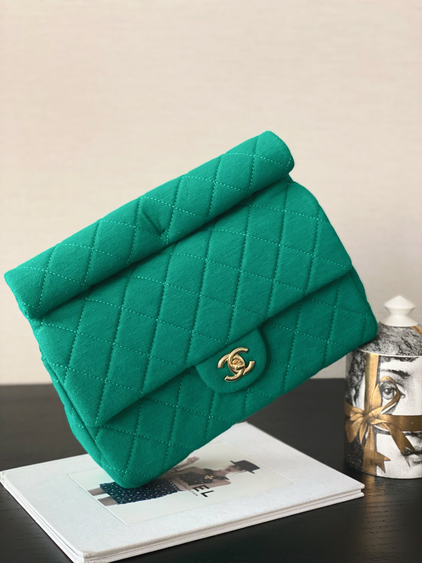Chanel Green Quilted Fabric Classic Flap Bag with Gold Hardware
