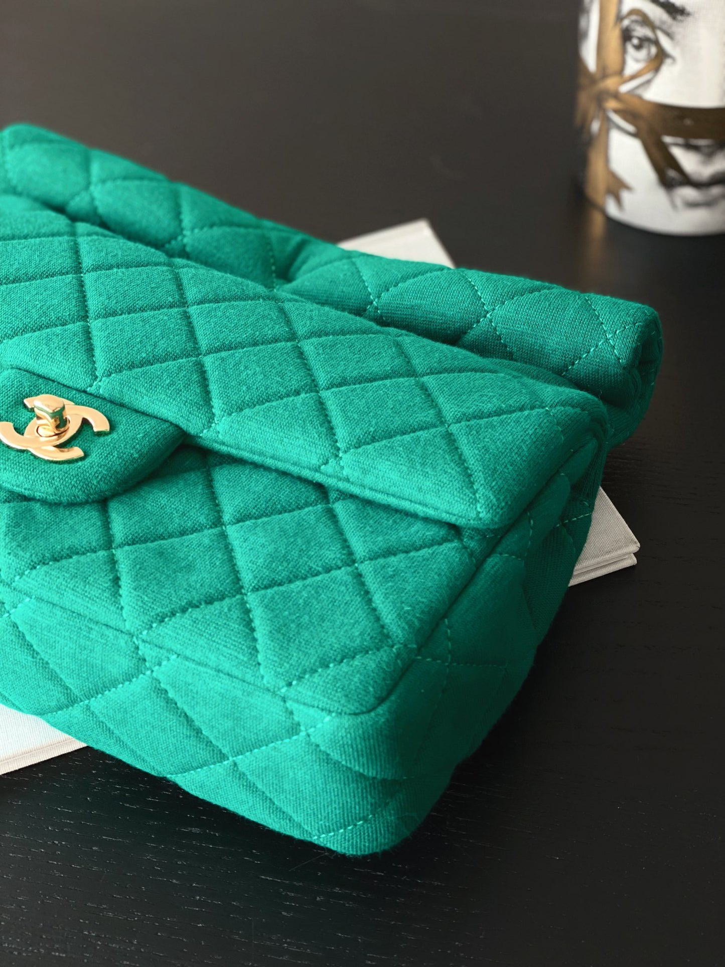 Chanel Green Quilted Fabric Classic Flap Bag with Gold Hardware