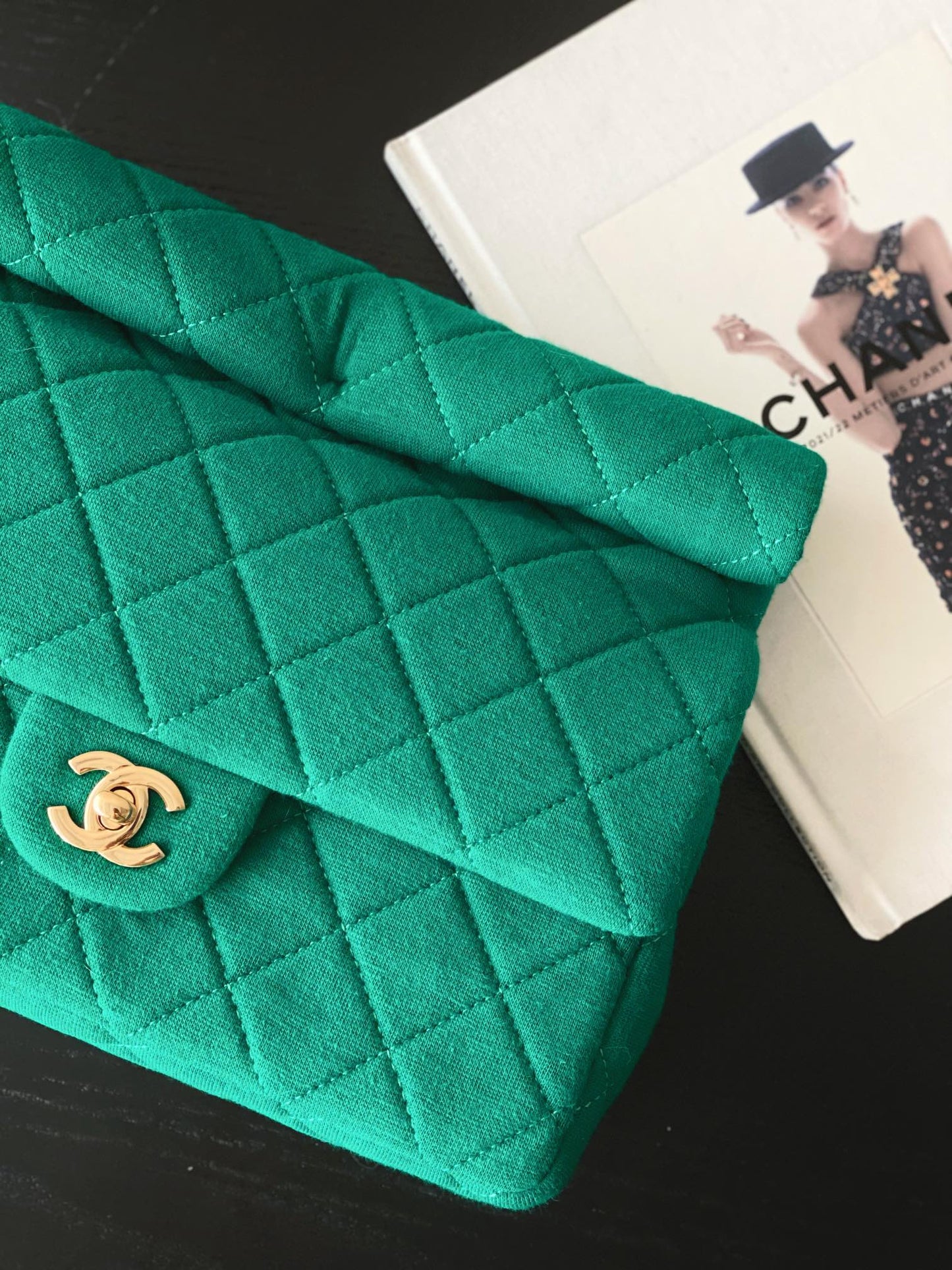 Chanel Green Quilted Fabric Classic Flap Bag with Gold Hardware