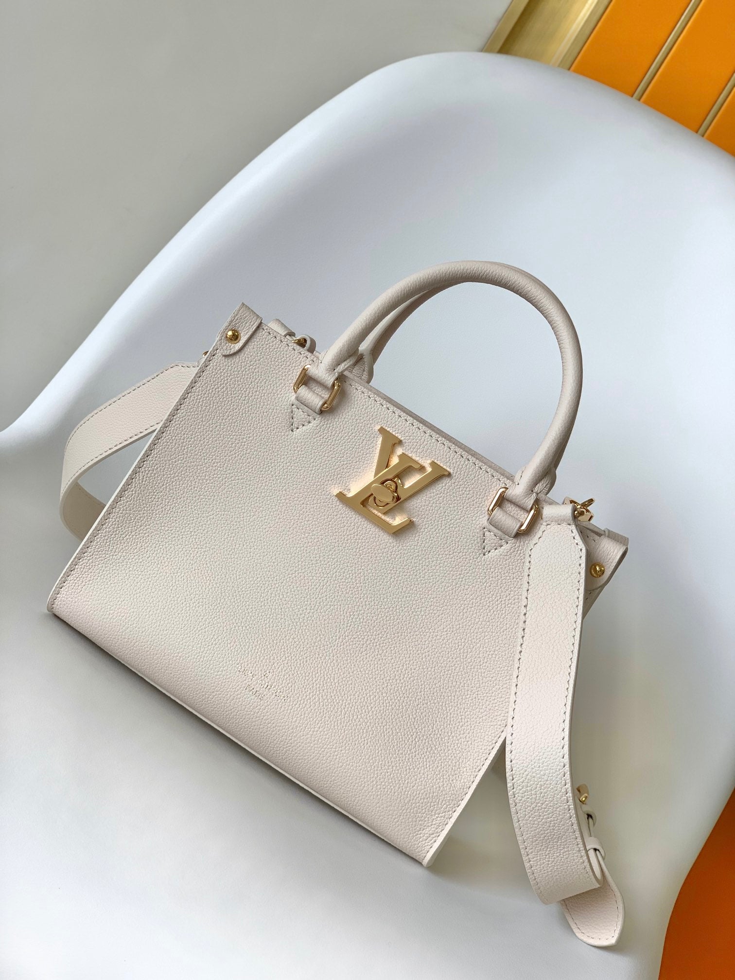 Louis Vuitton Lockme Shopper Grained Calfskin Leather Tote Bag - Beige