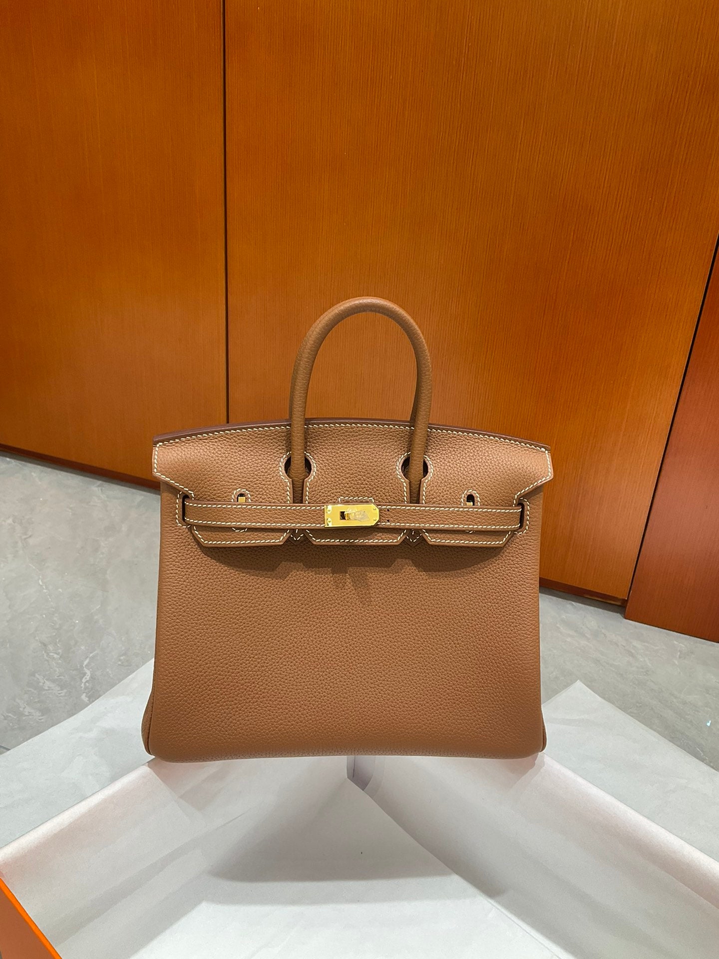 Luxury Tan Leather Top Handle Handbag - Classic Structured Satchel with Gold-Tone Hardware