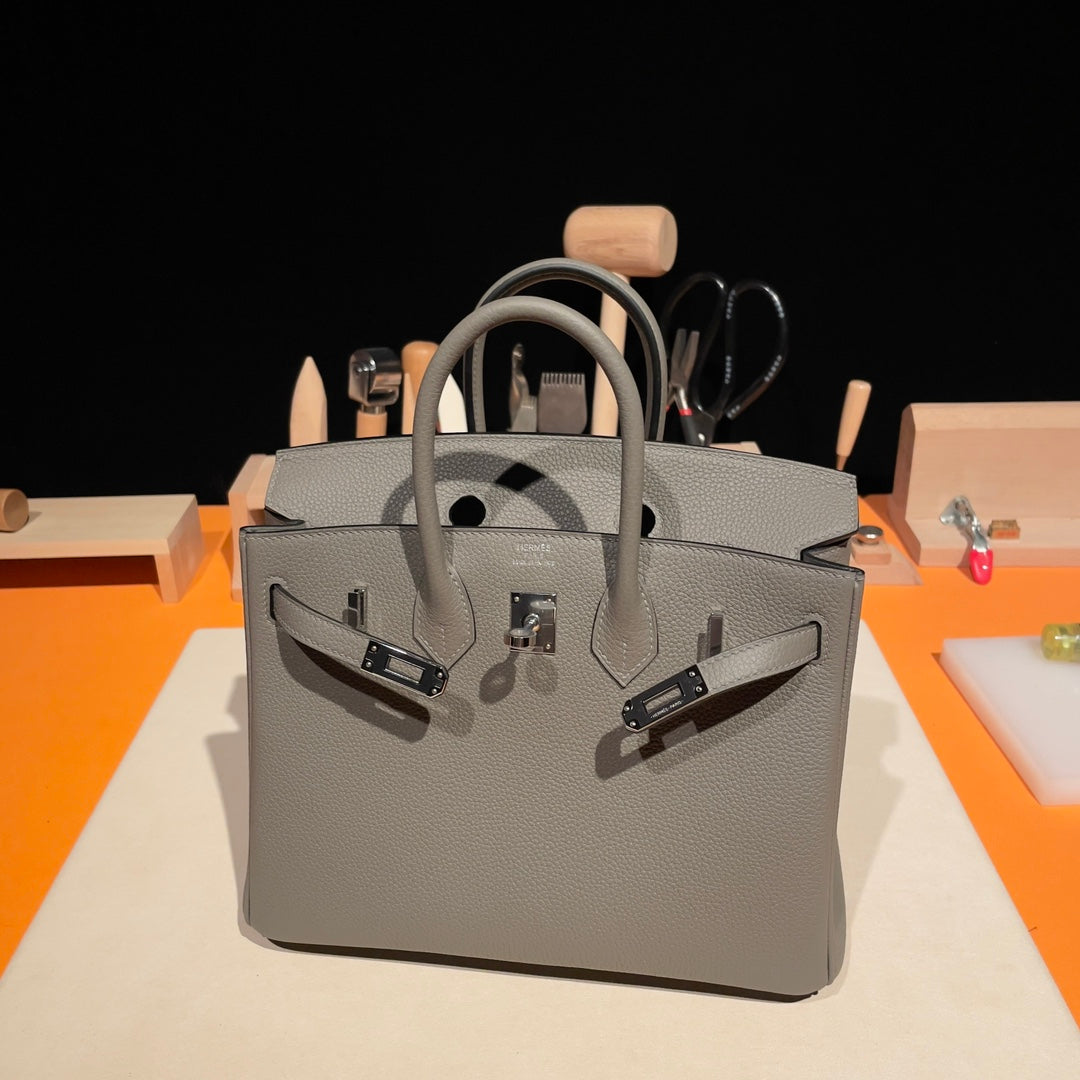 Elegant Grey Leather Top Handle Handbag - Luxury Handcrafted Fashion