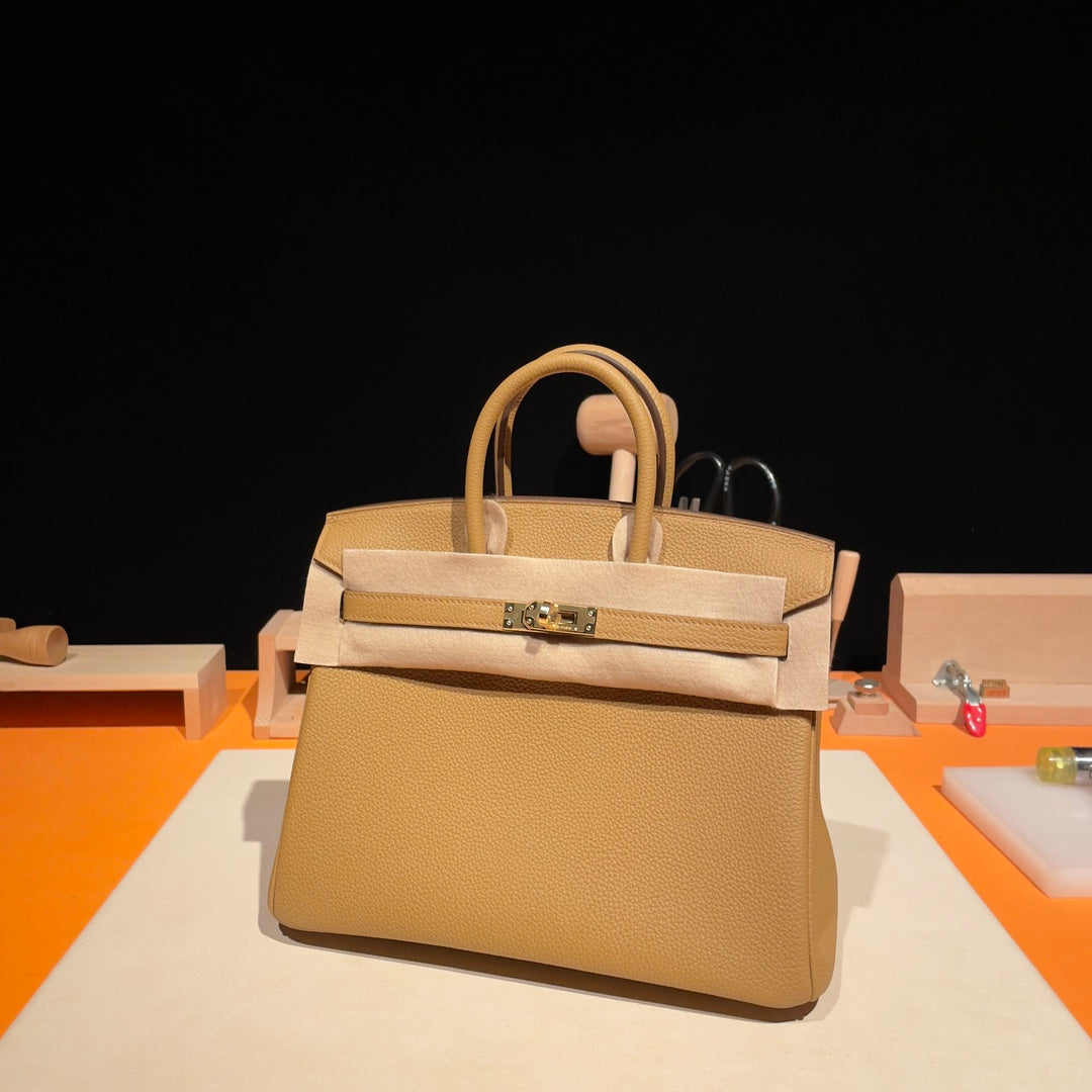 Luxury Tan Genuine Leather Top Handle Handbag - Artisanal Design