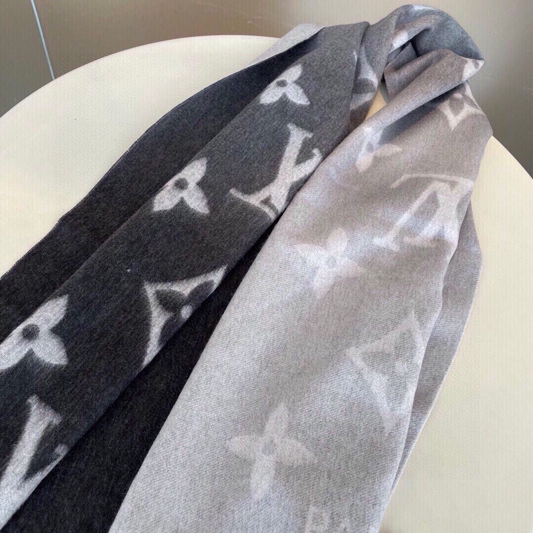 Louis Vuitton Reykjavik Gradient Scarf - Grey and Black Monogram Cashmere with Fringe