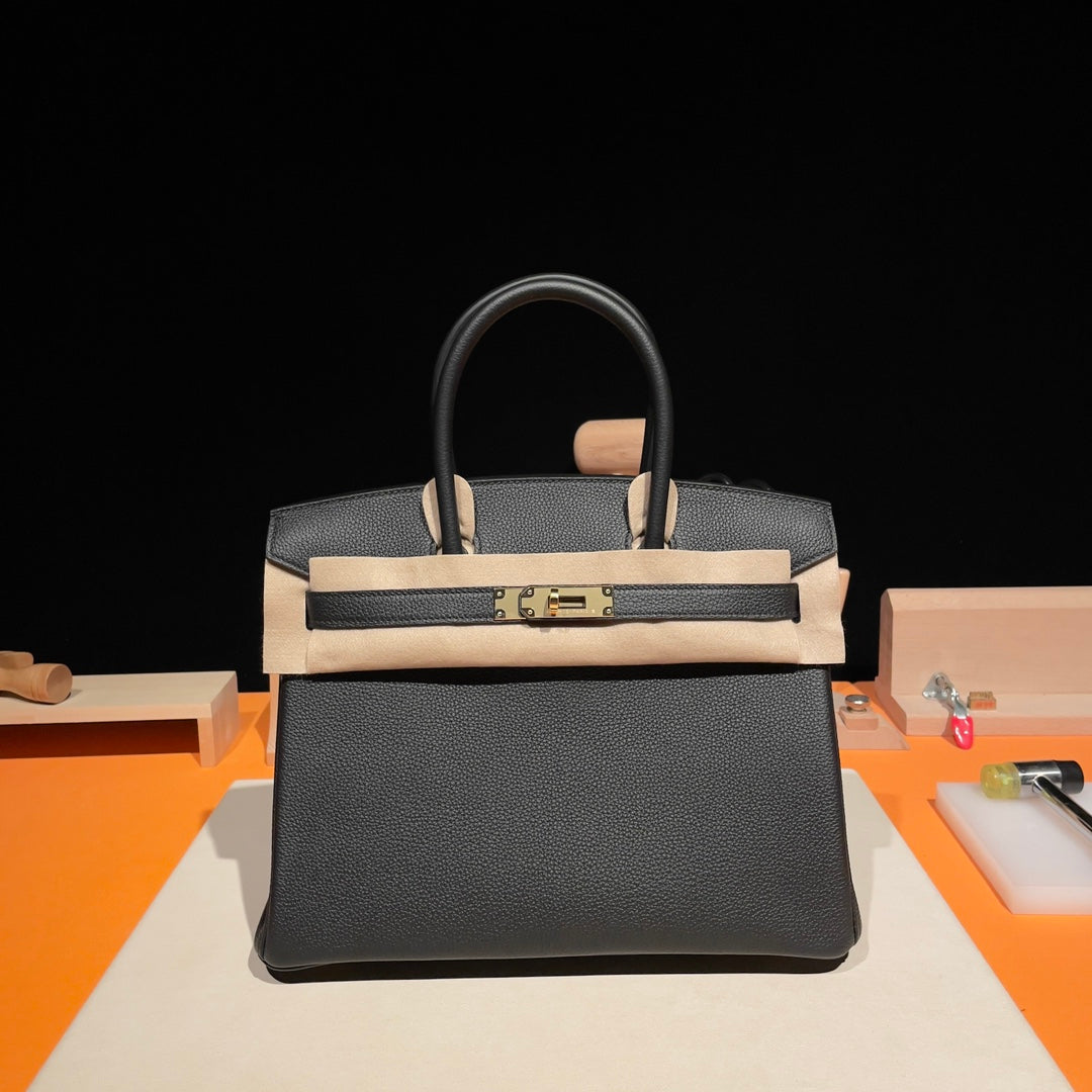 Luxury Handcrafted Black Grained Leather Top Handle Bag with Gold Hardware