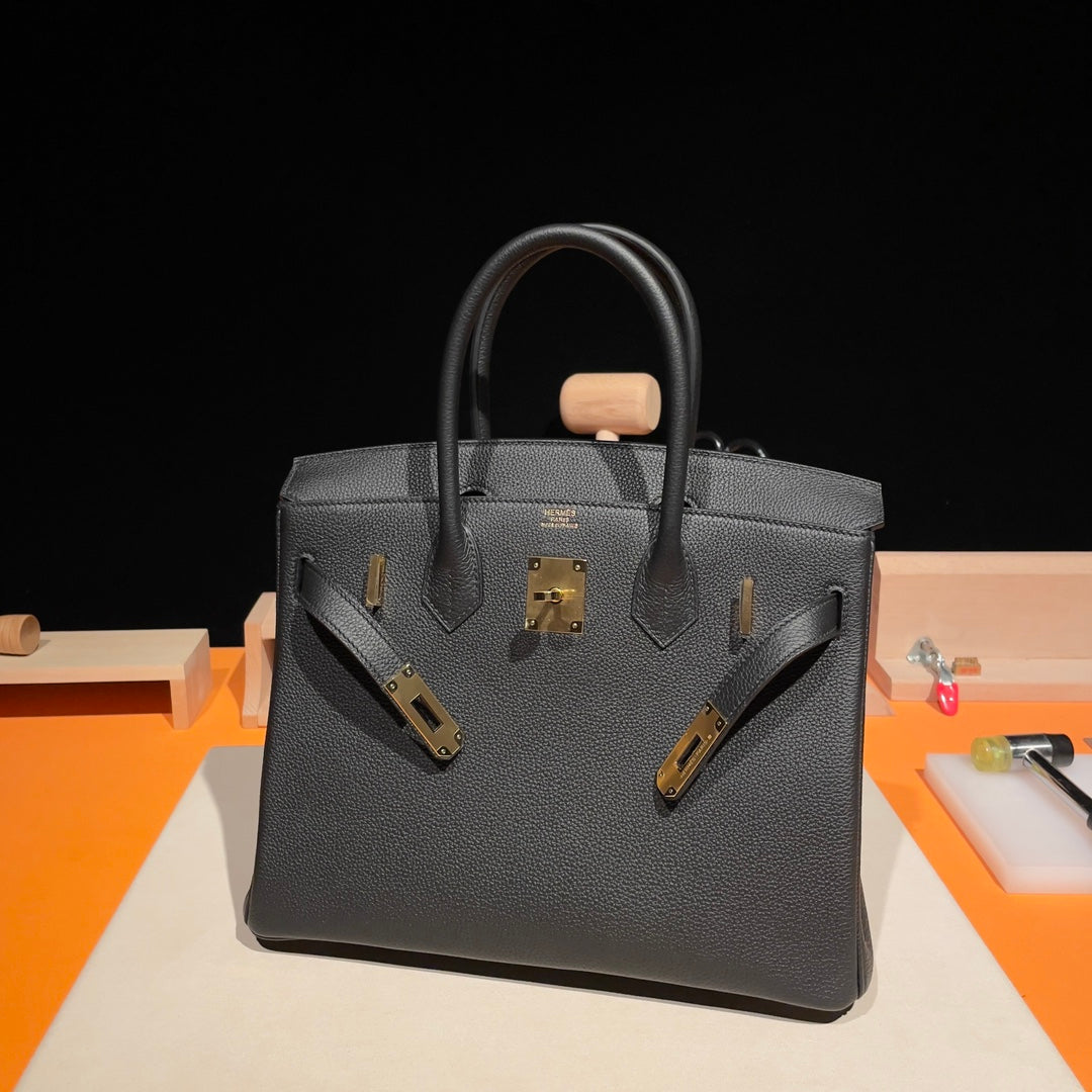Luxury Handcrafted Black Grained Leather Top Handle Bag with Gold Hardware