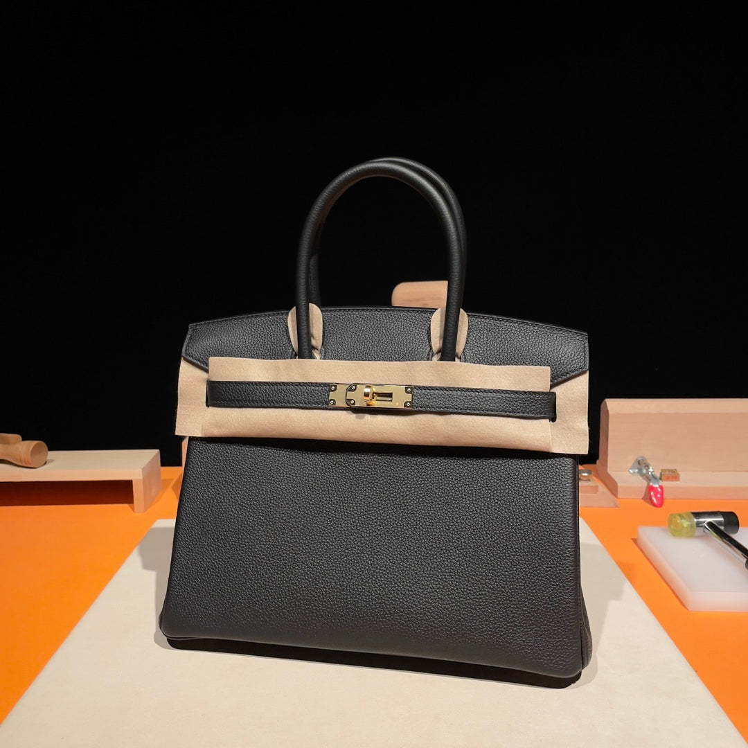 Luxury Handcrafted Black Grained Leather Top Handle Bag with Gold Hardware