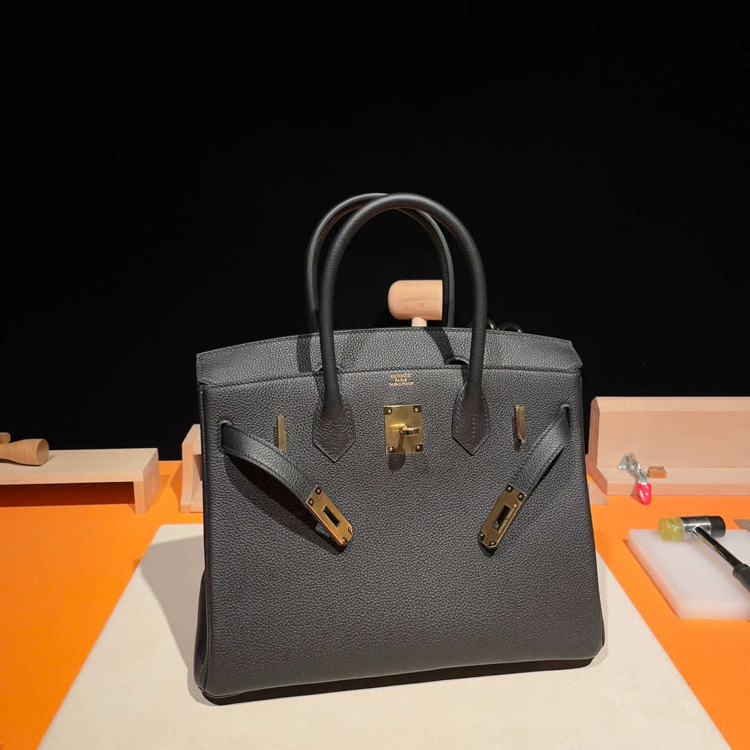Luxury Handcrafted Black Grained Leather Top Handle Bag with Gold Hardware