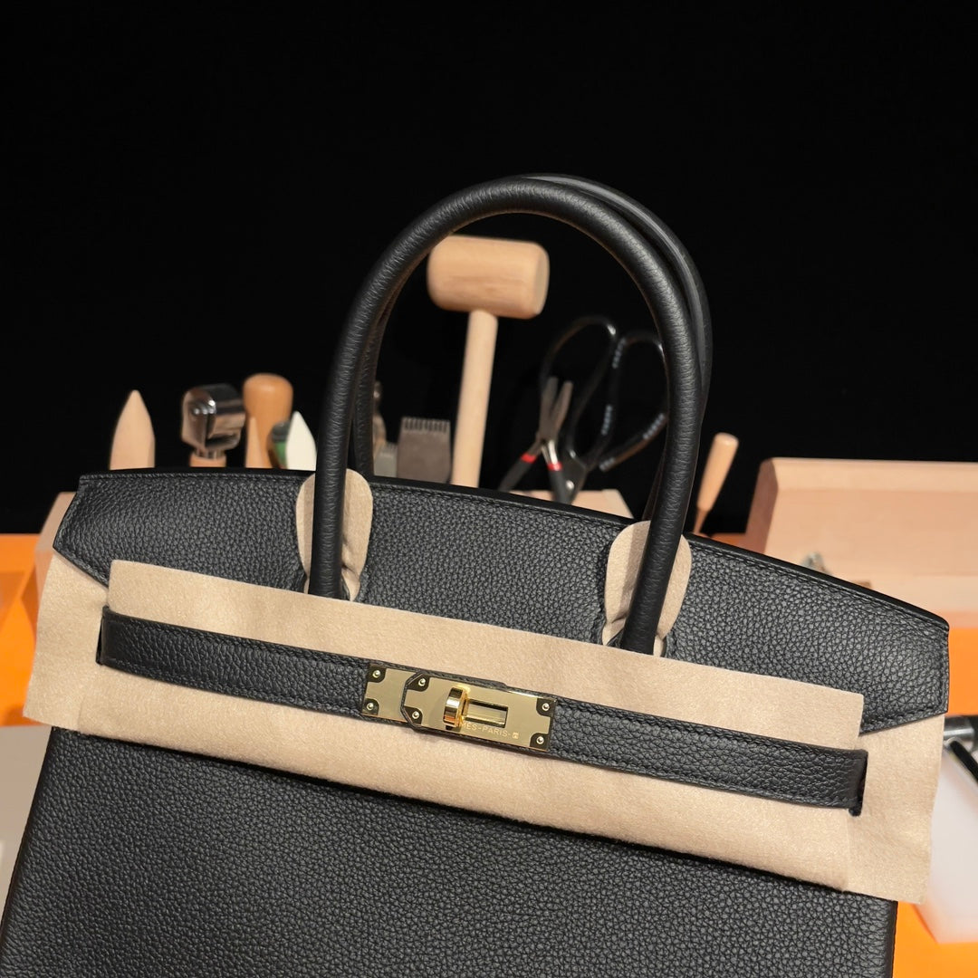 Luxury Handcrafted Black Grained Leather Top Handle Bag with Gold Hardware