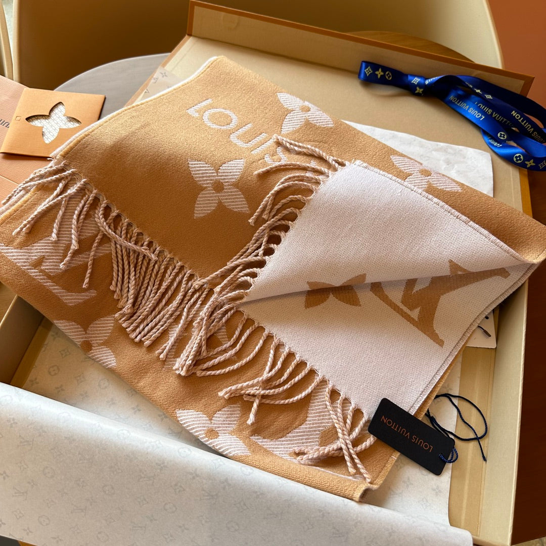 Louis Vuitton Monogram Scarf Shawl - Beige and White Classic LV Logo Luxury Accessory