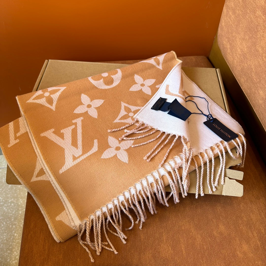 Louis Vuitton Monogram Scarf Shawl - Beige and White Classic LV Logo Luxury Accessory