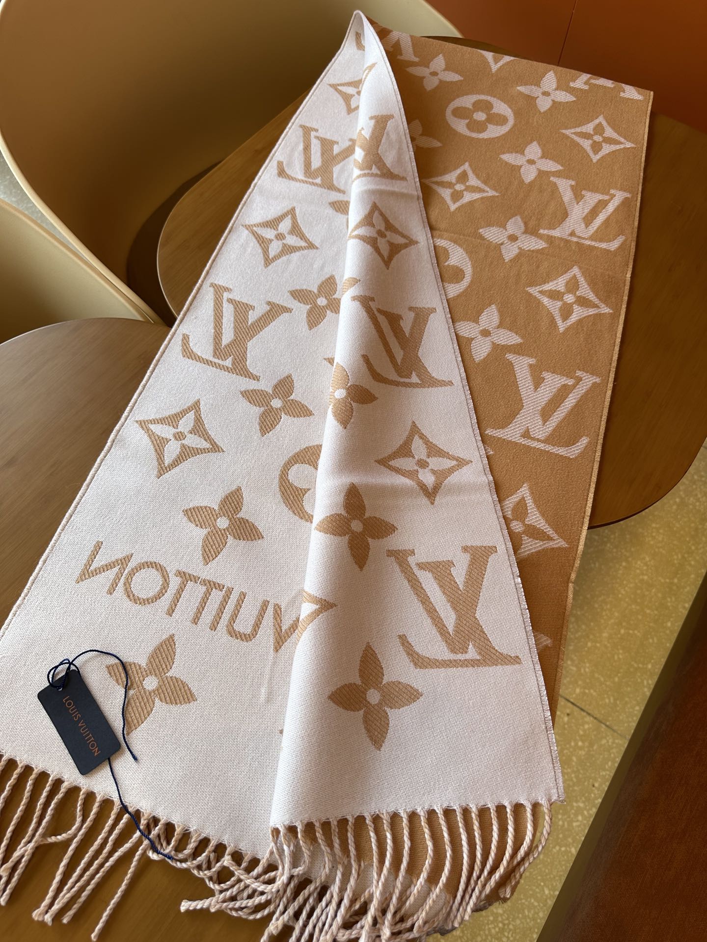 Louis Vuitton Monogram Scarf Shawl - Beige and White Classic LV Logo Luxury Accessory