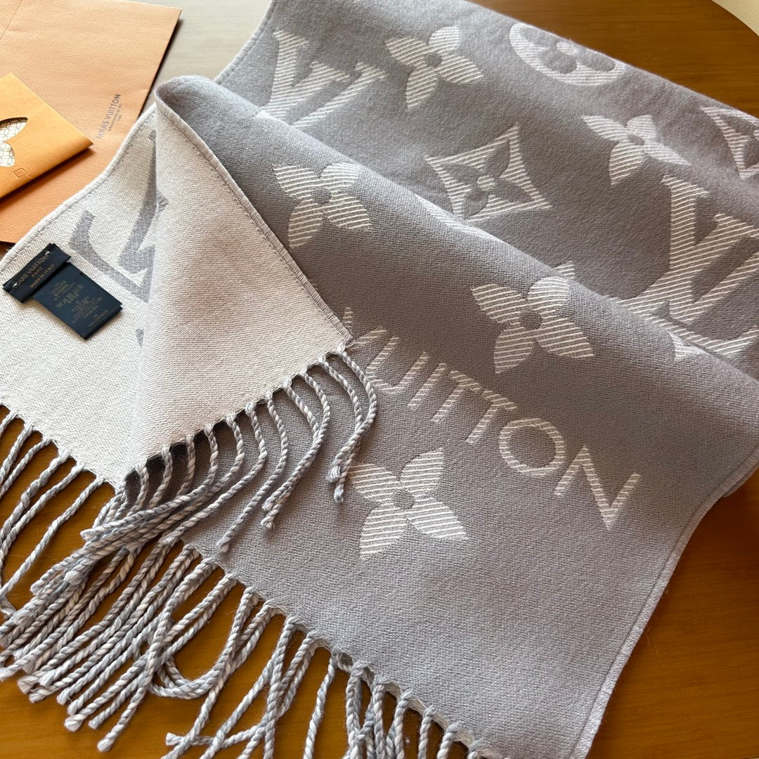 Luxury Monogram Print Scarf for Women - Soft Gray and White Patterned Oversized Shawl Wrap Fashion Accessory