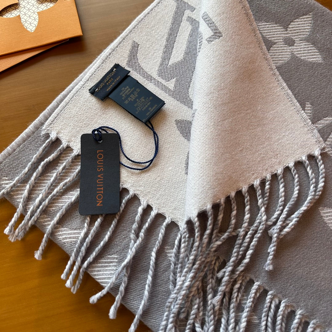 Luxury Monogram Print Scarf for Women - Soft Gray and White Patterned Oversized Shawl Wrap Fashion Accessory
