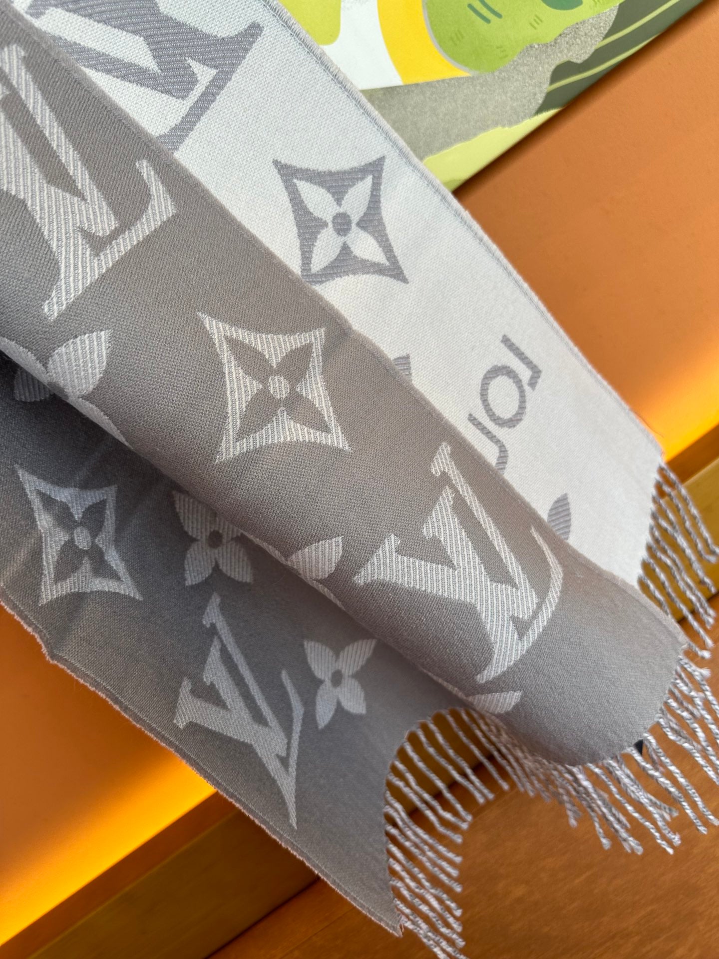 Luxury Monogram Print Scarf for Women - Soft Gray and White Patterned Oversized Shawl Wrap Fashion Accessory
