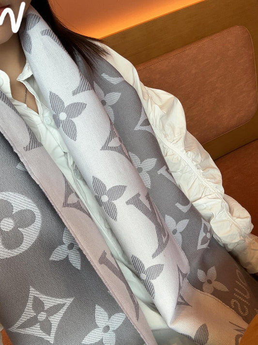 Luxury Monogram Print Scarf for Women - Soft Gray and White Patterned Oversized Shawl Wrap Fashion Accessory