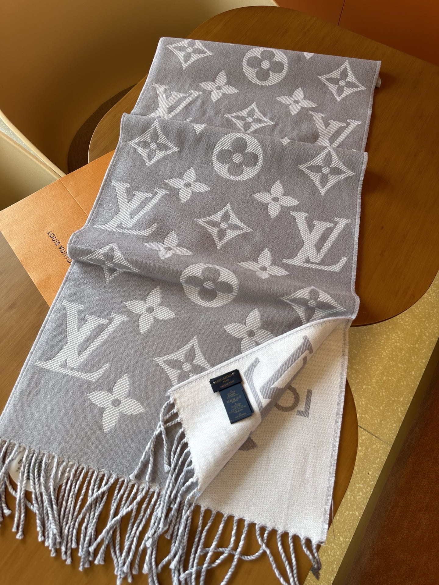 Luxury Monogram Print Scarf for Women - Soft Gray and White Patterned Oversized Shawl Wrap Fashion Accessory