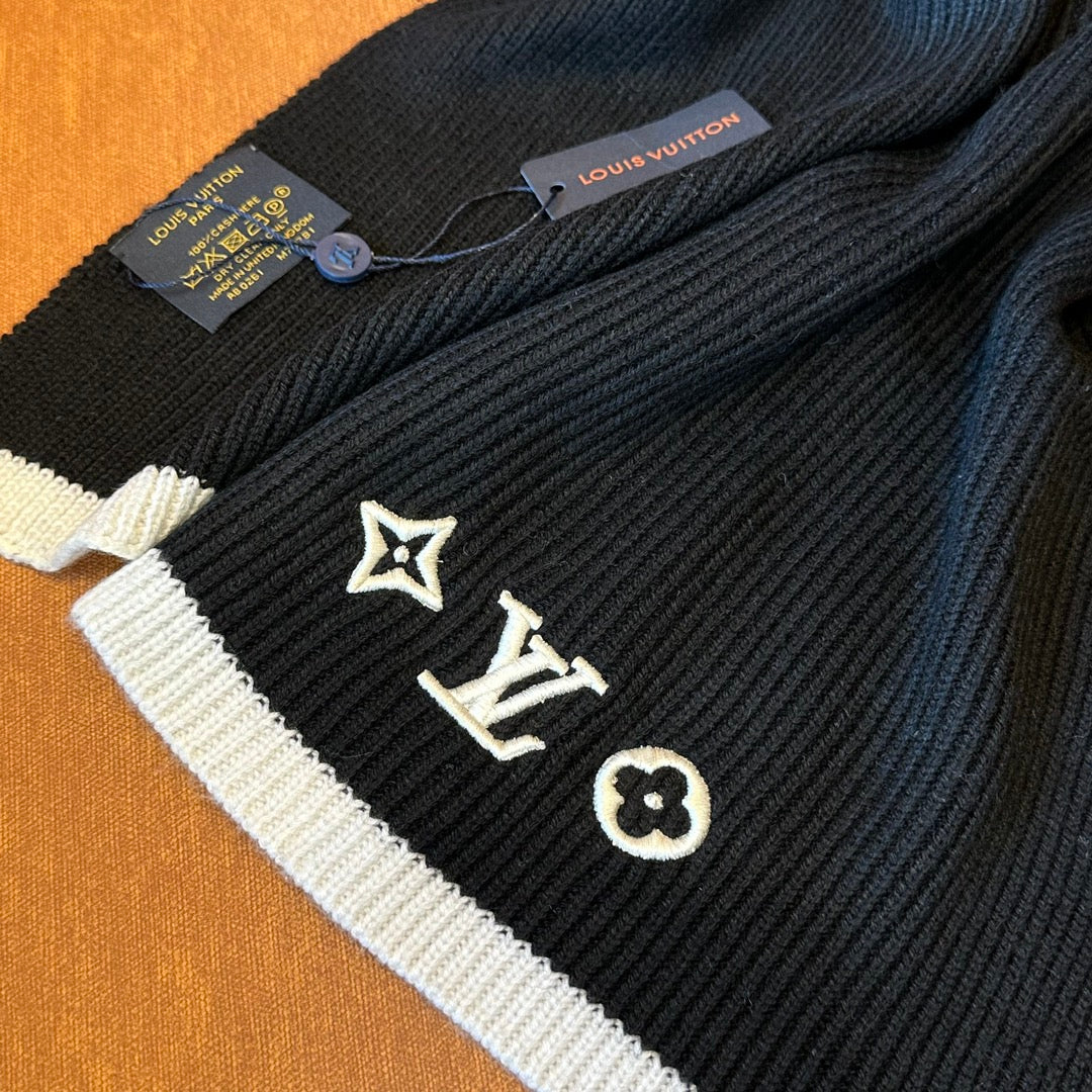 Women's Black Knit Scarf with White Monogram Embroidery and Contrast Border - Warm Soft Winter Fashion Accessory
