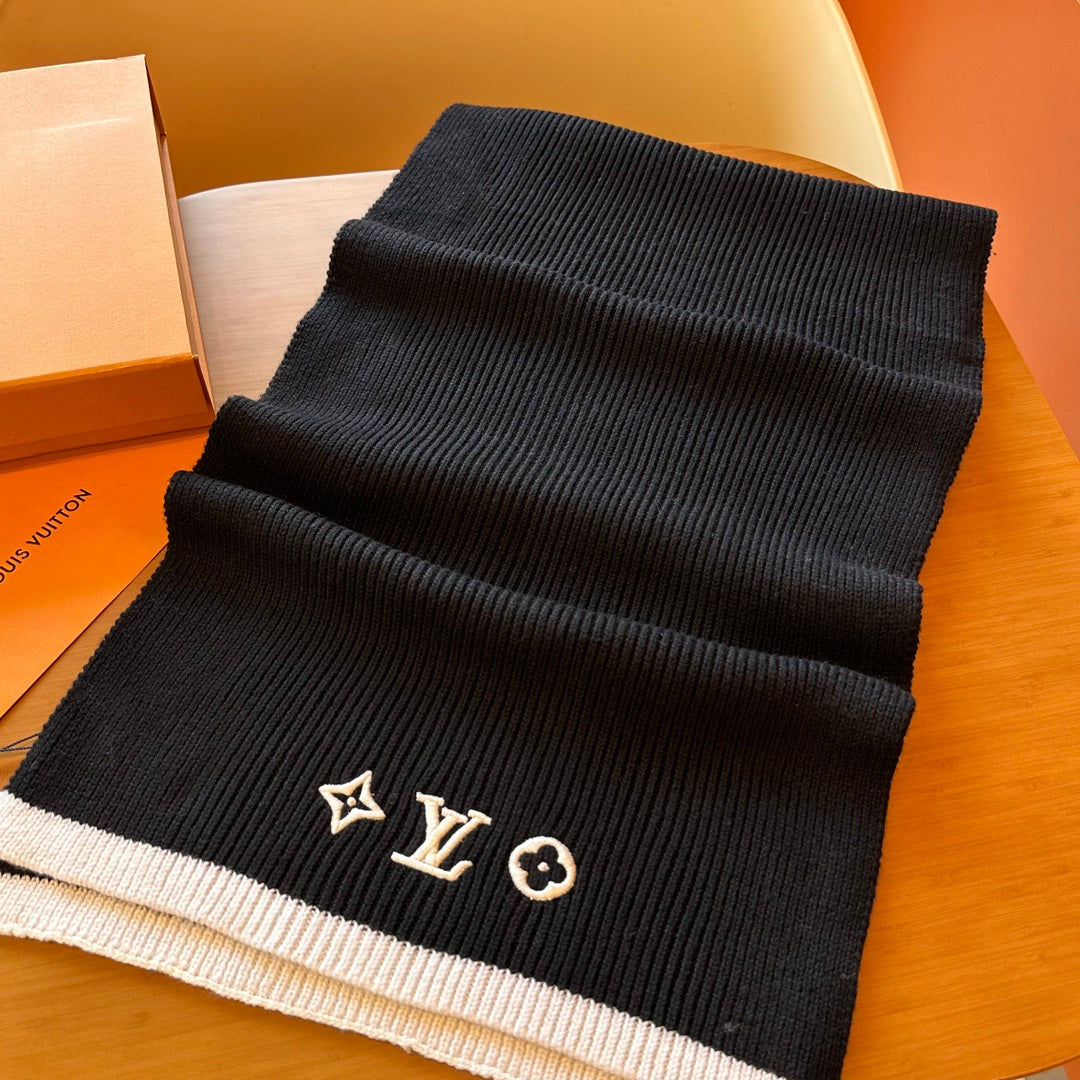 Women's Black Knit Scarf with White Monogram Embroidery and Contrast Border - Warm Soft Winter Fashion Accessory