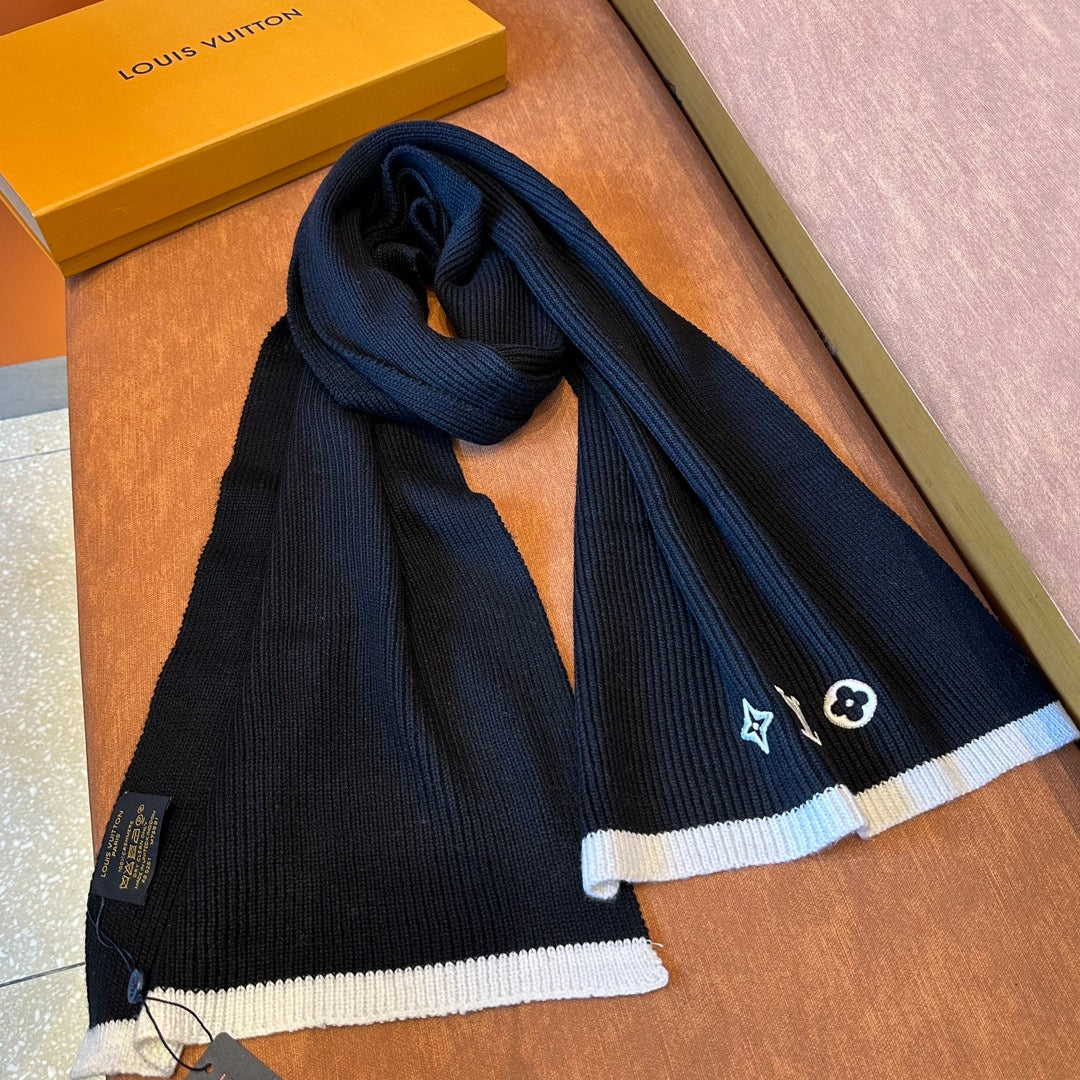 Women's Black Knit Scarf with White Monogram Embroidery and Contrast Border - Warm Soft Winter Fashion Accessory