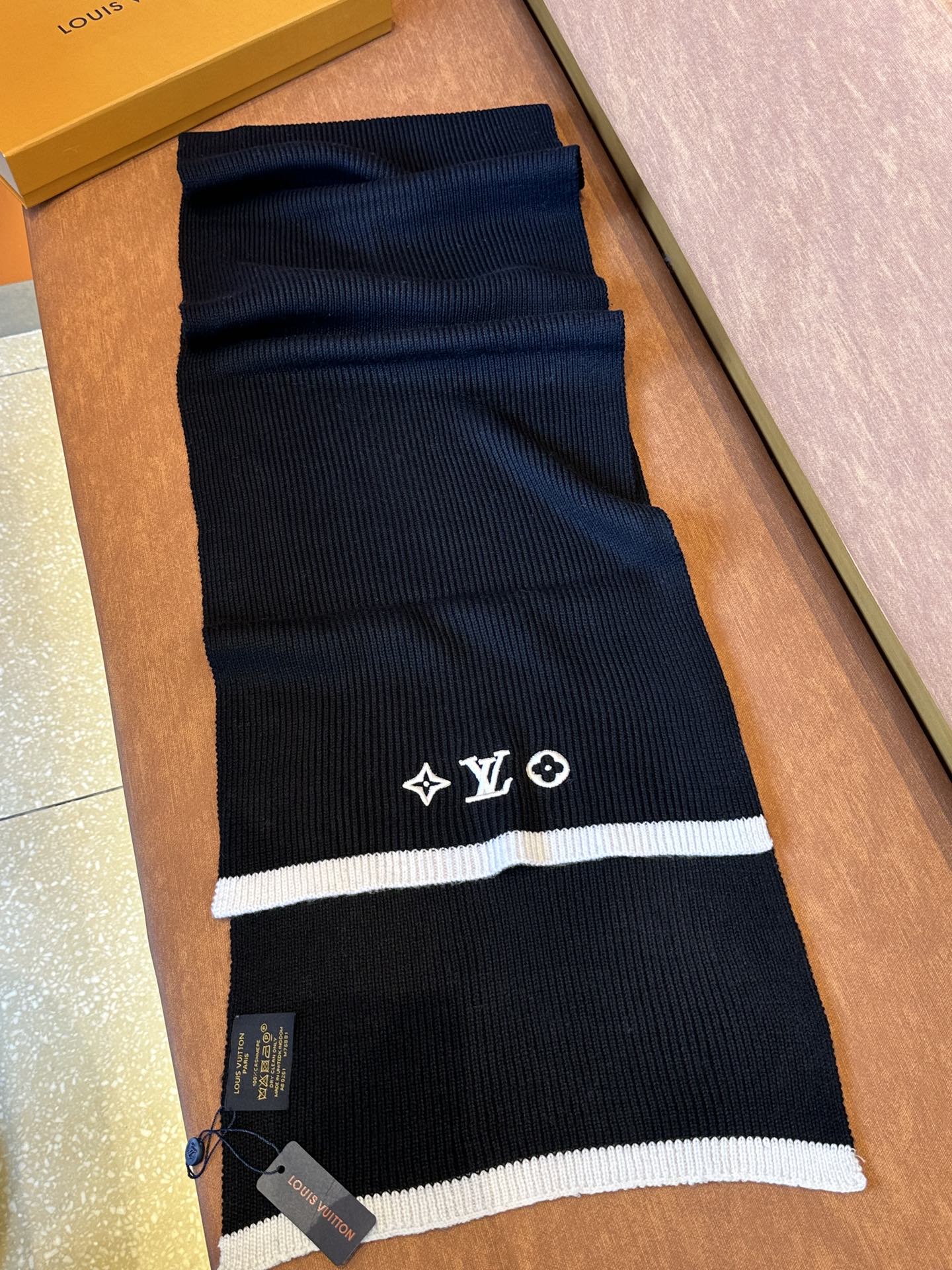 Women's Black Knit Scarf with White Monogram Embroidery and Contrast Border - Warm Soft Winter Fashion Accessory