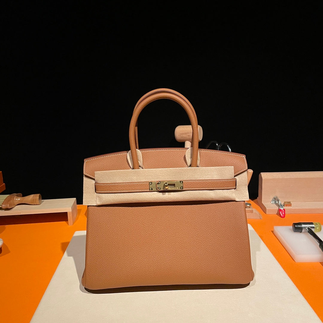 Luxury Tan Leather Birkin Style Handbag with Gold Hardware