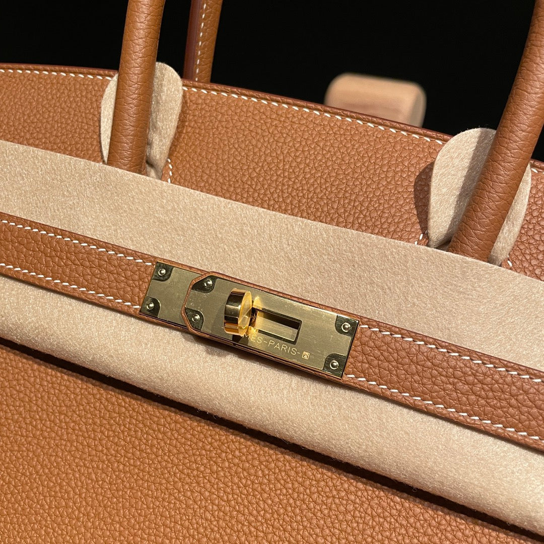 Luxury Tan Leather Birkin Style Handbag with Gold Hardware