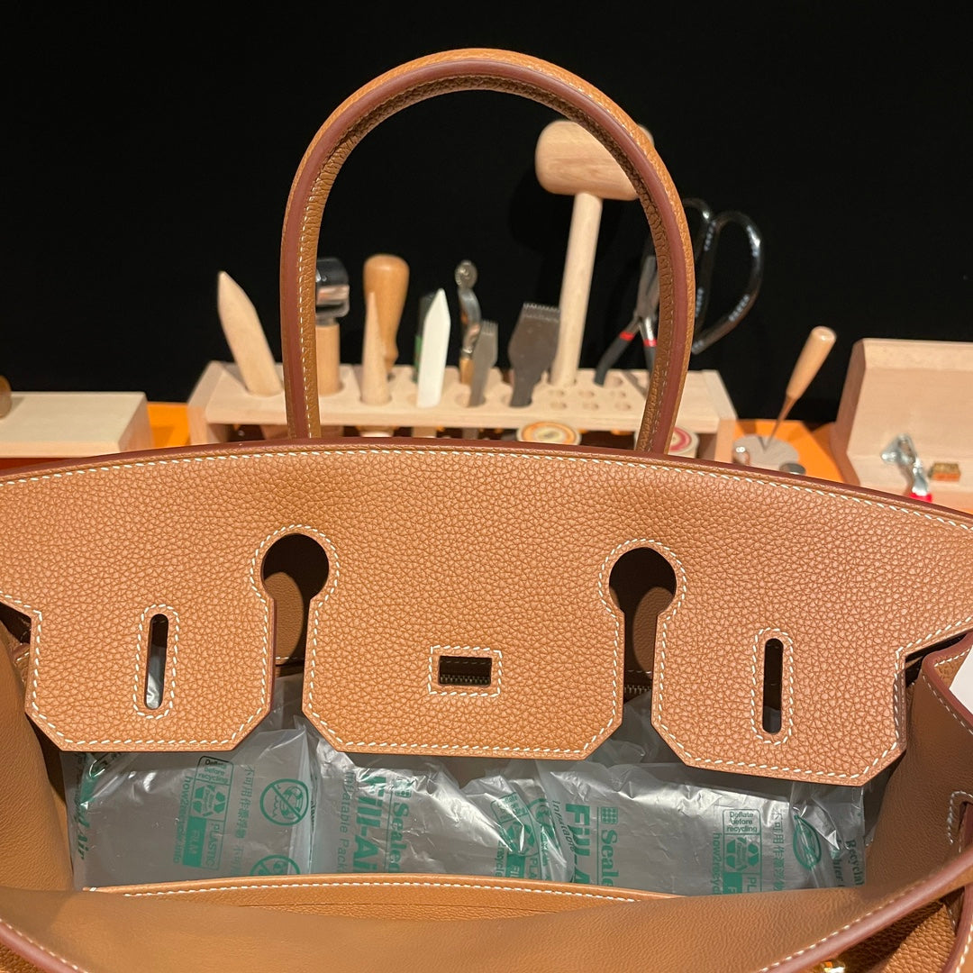 Luxury Tan Leather Birkin Style Handbag with Gold Hardware