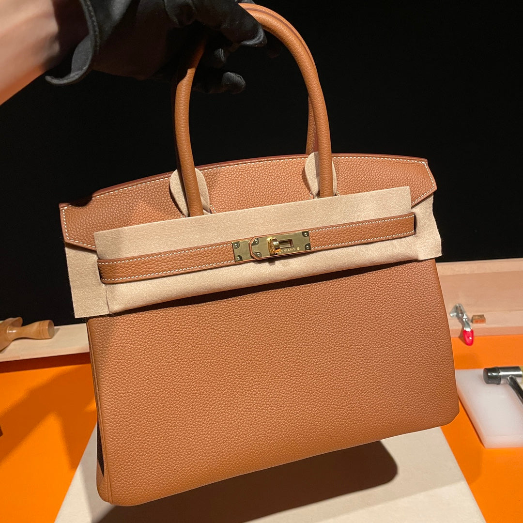 Luxury Tan Leather Birkin Style Handbag with Gold Hardware