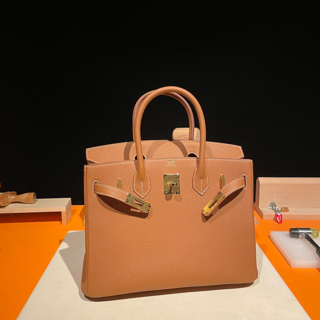 Luxury Tan Leather Birkin Style Handbag with Gold Hardware