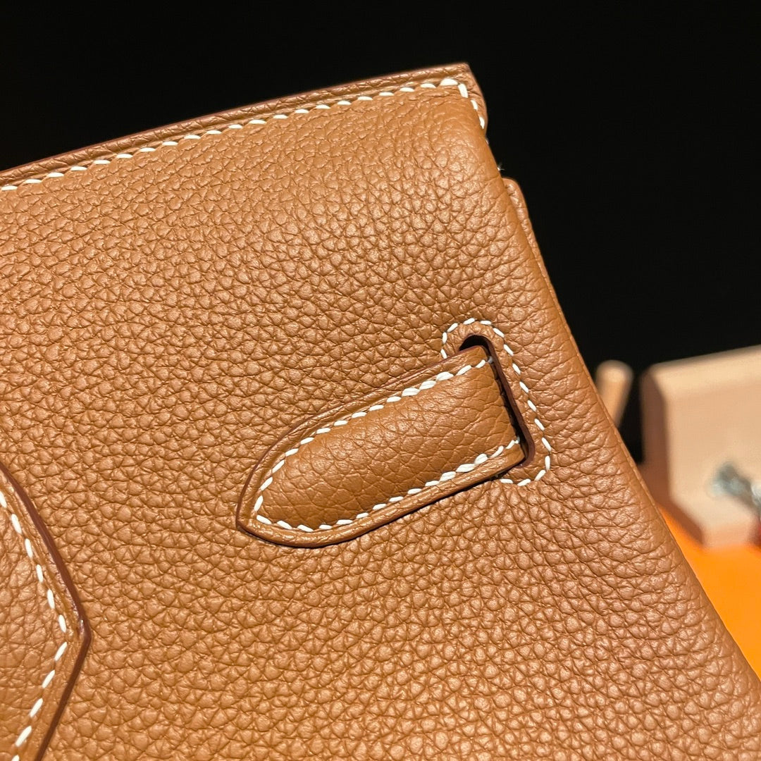 Luxury Tan Leather Birkin Style Handbag with Gold Hardware