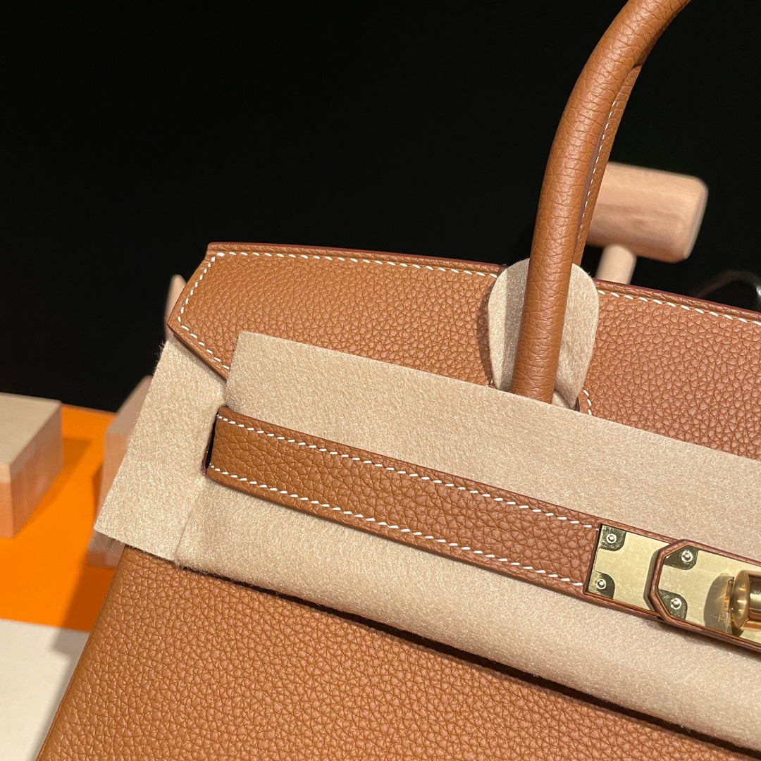 Luxury Tan Leather Birkin Style Handbag with Gold Hardware