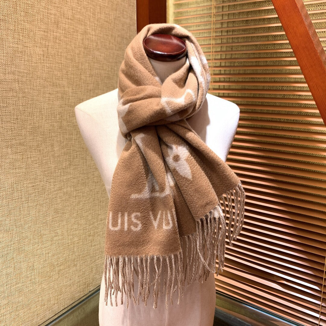Louis Vuitton Monogram Scarf - Beige and White Wool Cashmere Blend Luxury Fringe Wrap