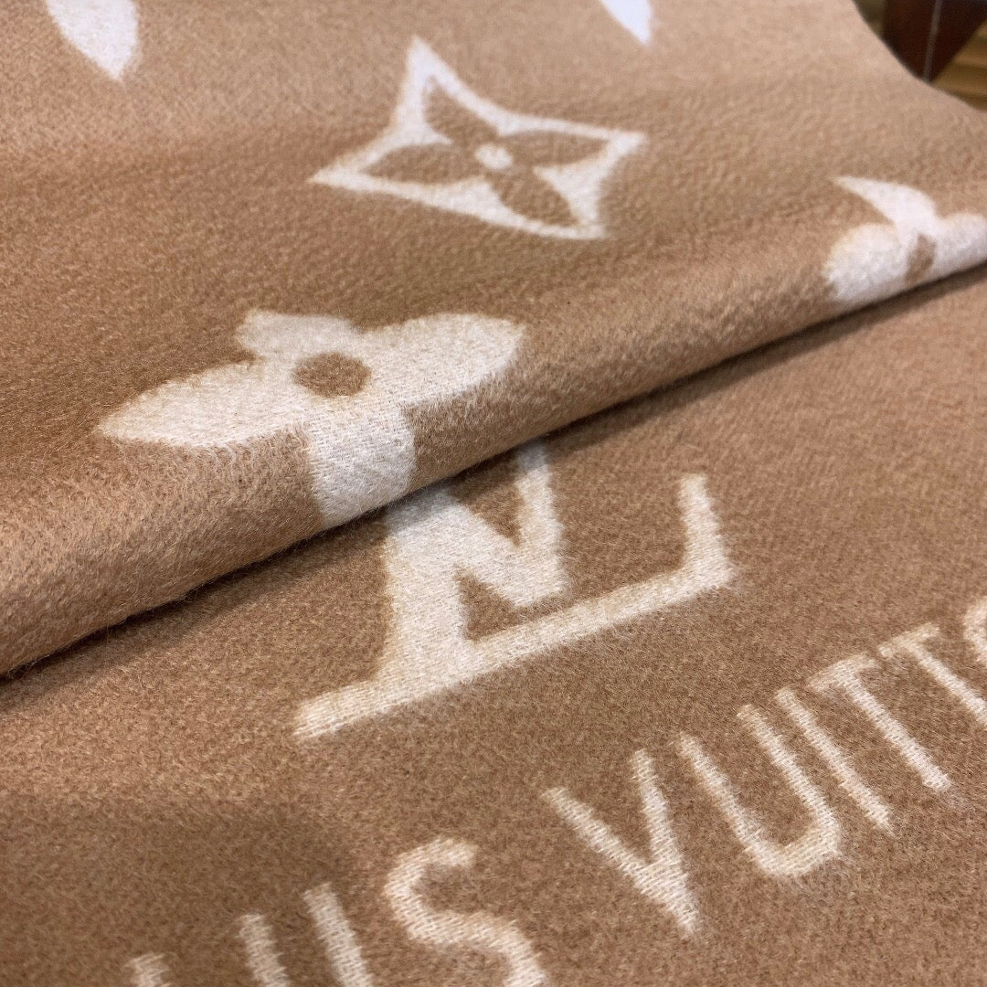 Louis Vuitton Monogram Scarf - Beige and White Wool Cashmere Blend Luxury Fringe Wrap