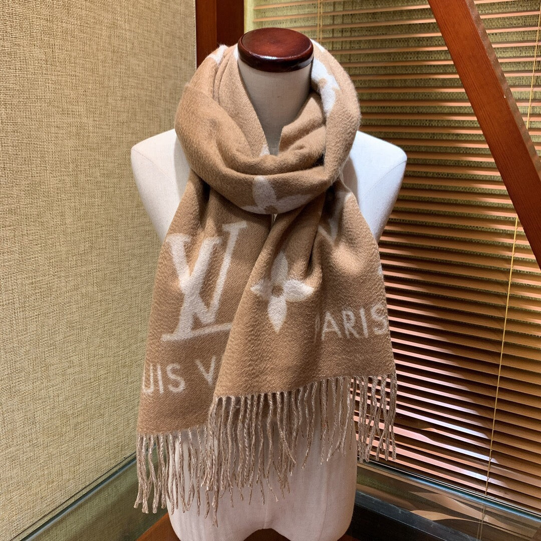 Louis Vuitton Monogram Scarf - Beige and White Wool Cashmere Blend Luxury Fringe Wrap