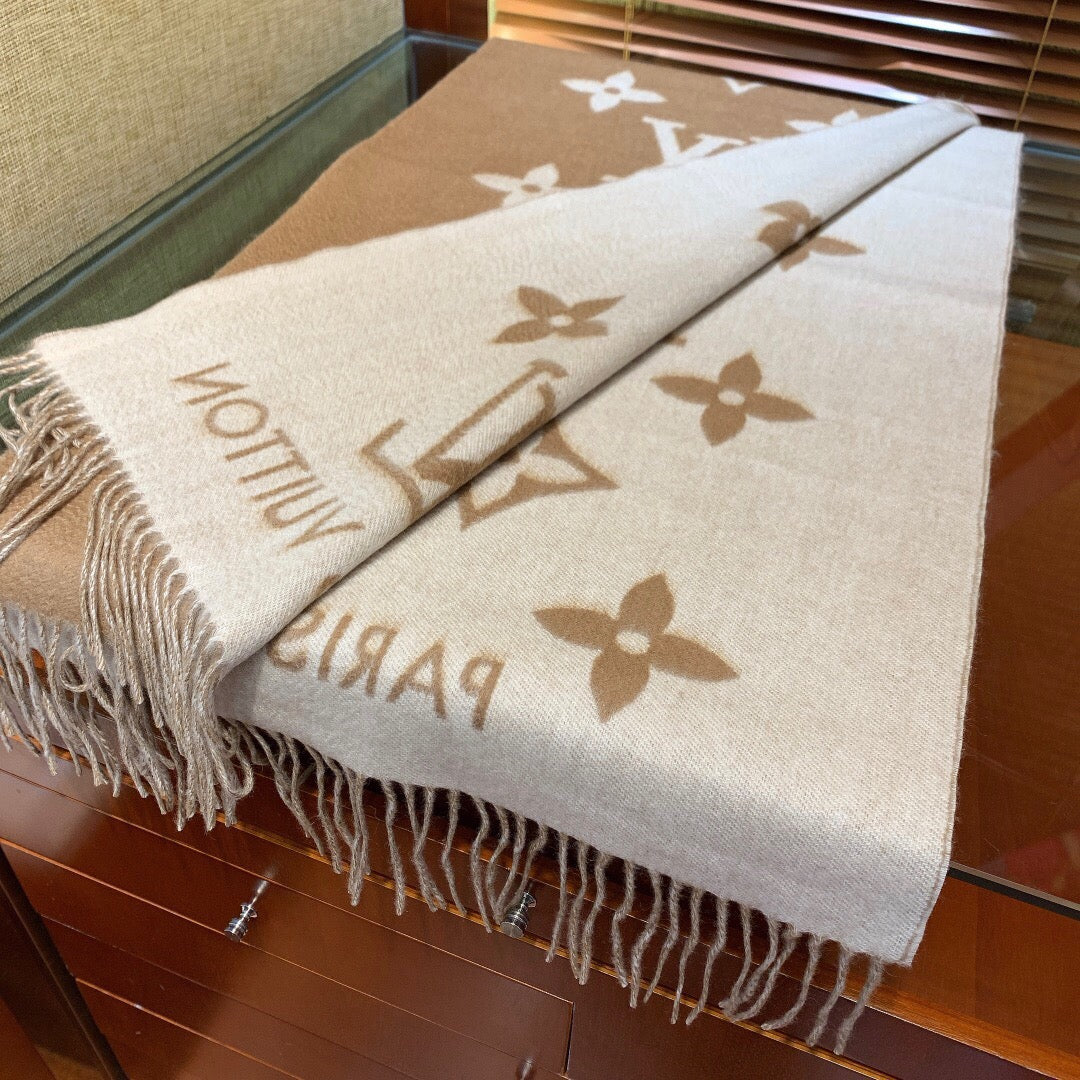 Louis Vuitton Monogram Scarf - Beige and White Wool Cashmere Blend Luxury Fringe Wrap