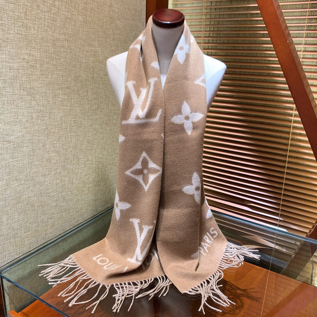Louis Vuitton Monogram Scarf - Beige and White Wool Cashmere Blend Luxury Fringe Wrap