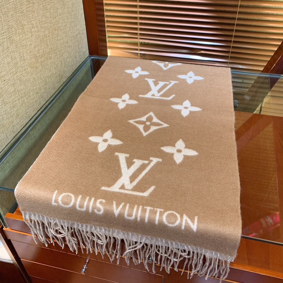Louis Vuitton Monogram Scarf - Beige and White Wool Cashmere Blend Luxury Fringe Wrap