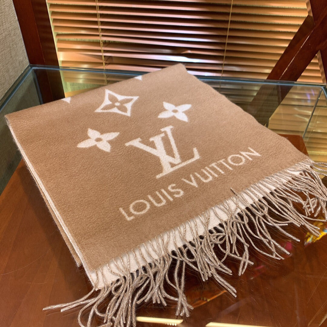Louis Vuitton Monogram Scarf - Beige and White Wool Cashmere Blend Luxury Fringe Wrap