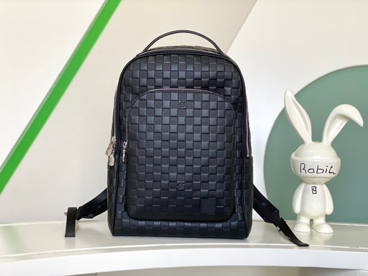 Men's Black Woven Pattern Leather Backpack - Large Capacity Business &amp; Travel Bag