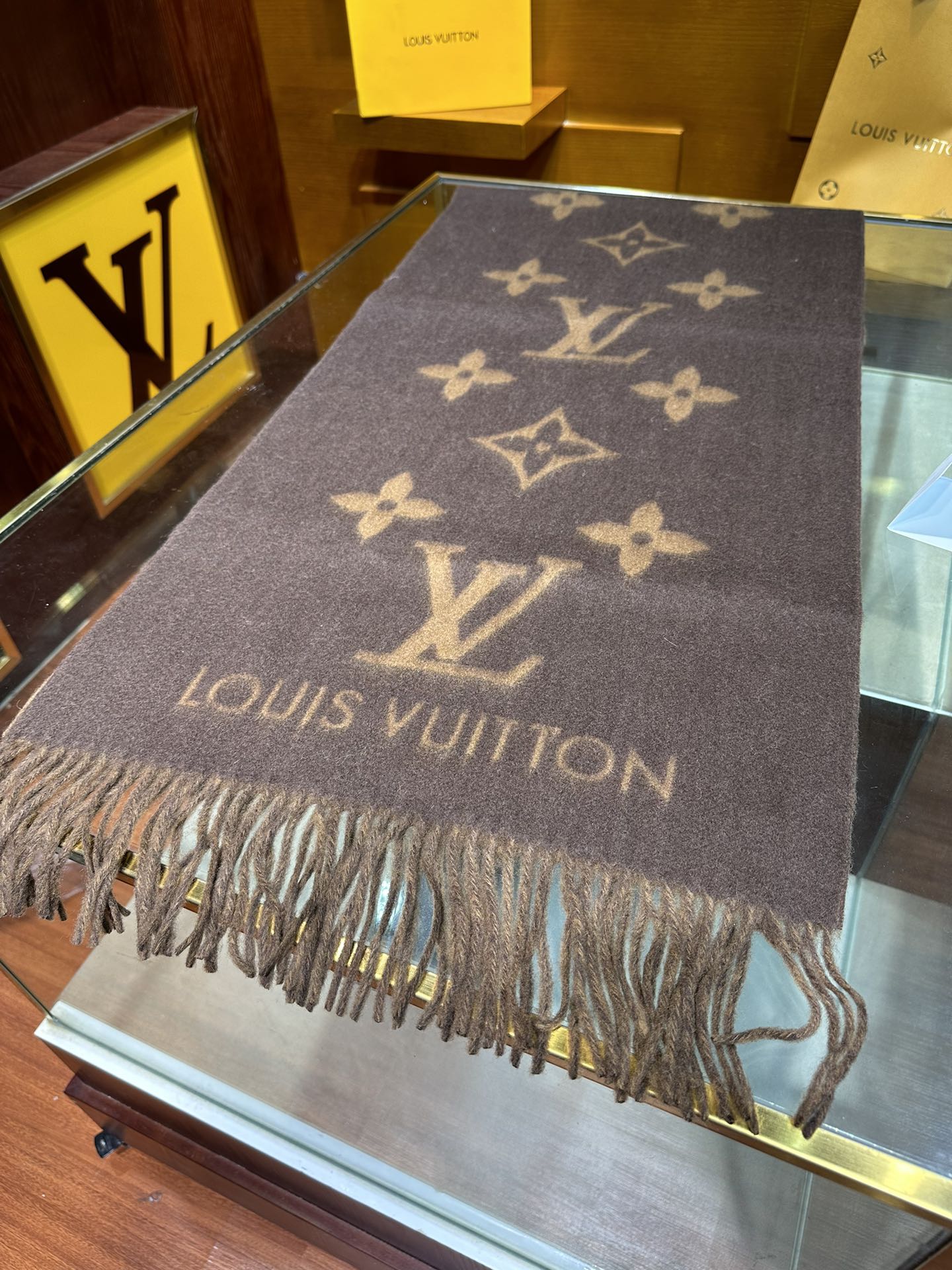 Louis Vuitton Monogram Scarf Brown and Tan, Luxury Wool and Cashmere Blend Winter Accessory for Women