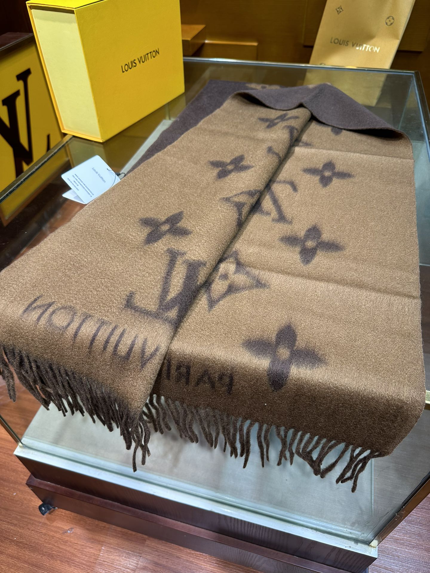 Louis Vuitton Monogram Scarf Brown and Tan, Luxury Wool and Cashmere Blend Winter Accessory for Women