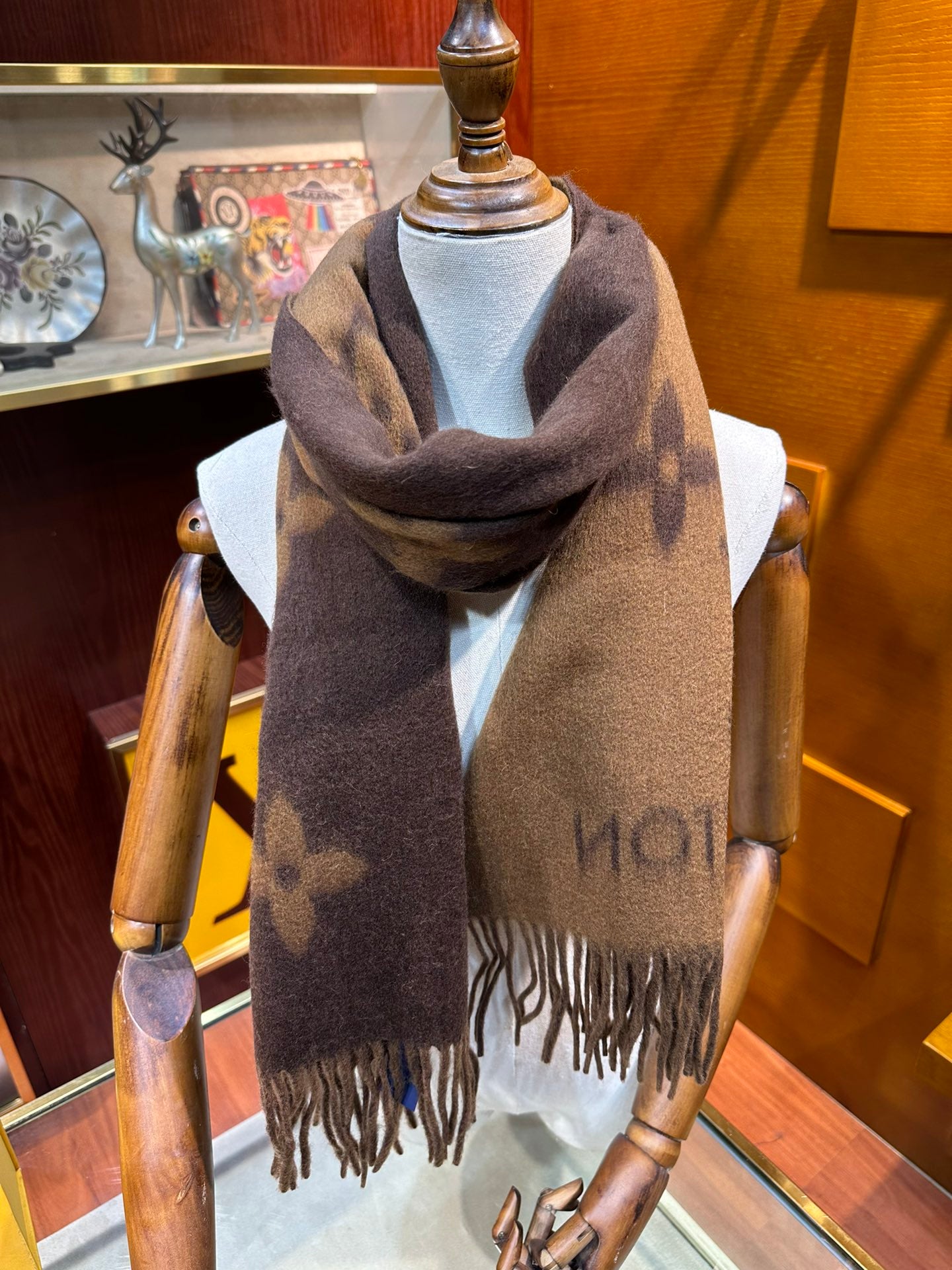 Louis Vuitton Monogram Scarf Brown and Tan, Luxury Wool and Cashmere Blend Winter Accessory for Women