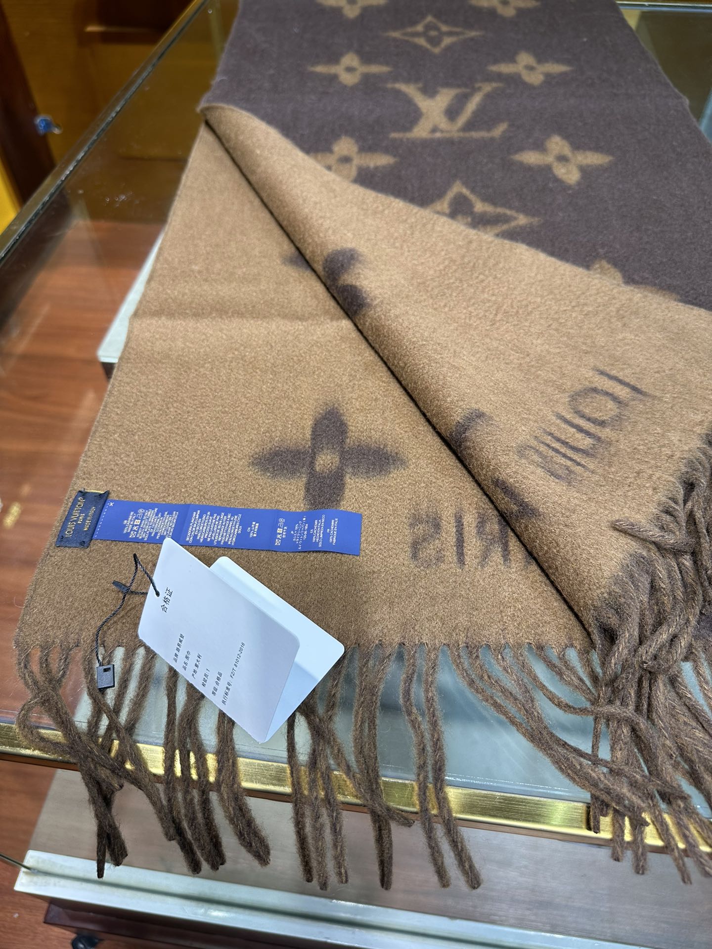 Louis Vuitton Monogram Scarf Brown and Tan, Luxury Wool and Cashmere Blend Winter Accessory for Women