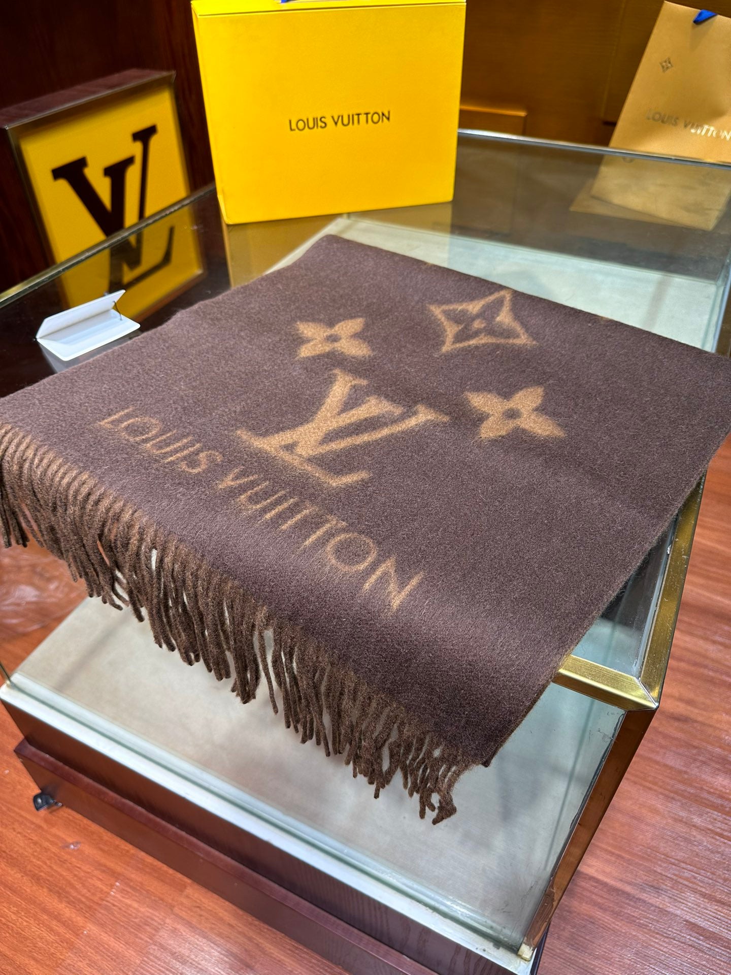 Louis Vuitton Monogram Scarf Brown and Tan, Luxury Wool and Cashmere Blend Winter Accessory for Women