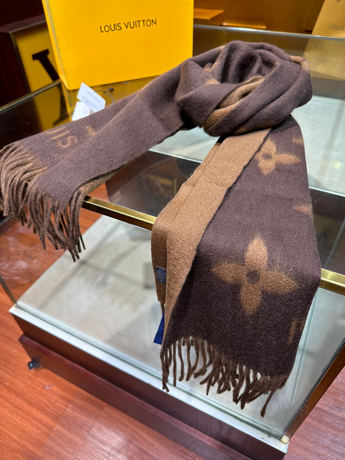 Louis Vuitton Monogram Scarf Brown and Tan, Luxury Wool and Cashmere Blend Winter Accessory for Women